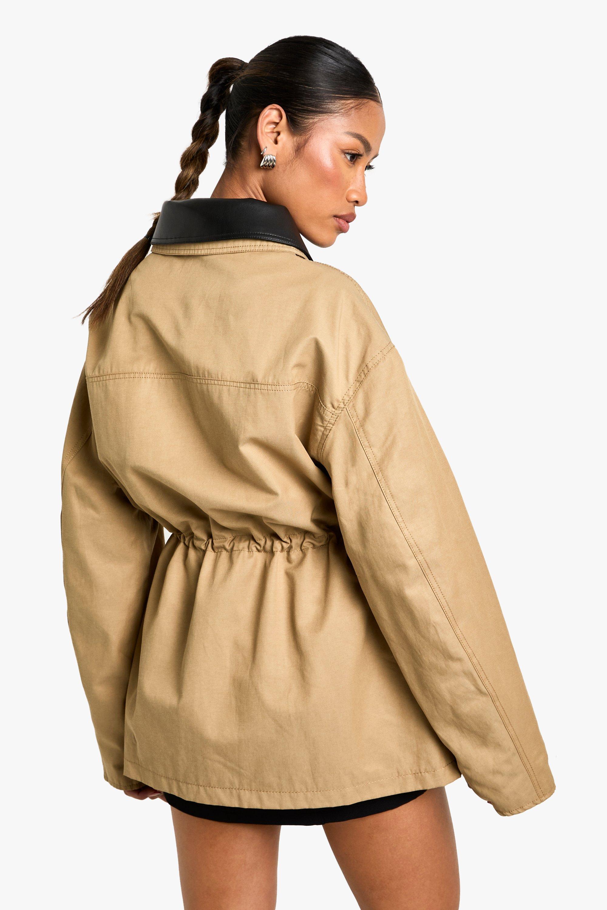 Cinched Waist Faux Leather Collar Barn Jacket | boohoo USA