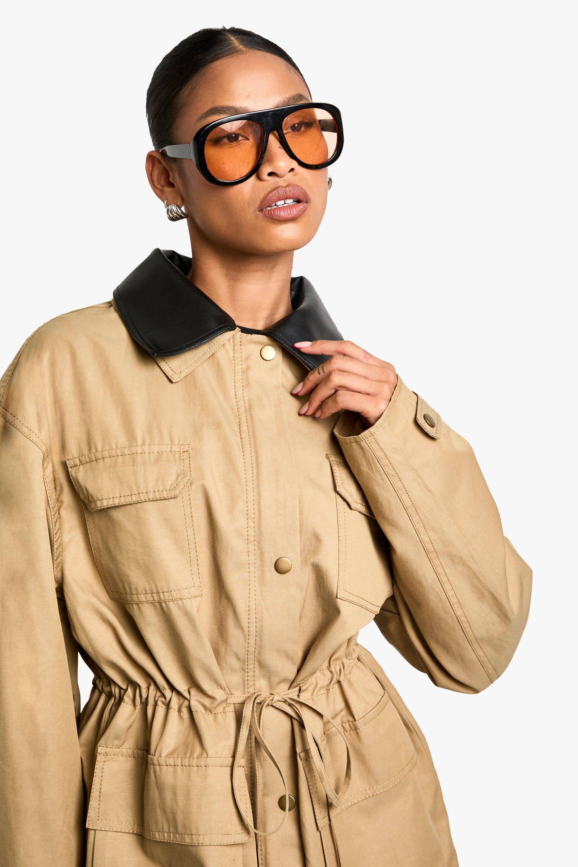 Cinched Waist Faux Leather Collar Barn Jacket | boohoo USA Cinched Waist Faux Leather Collar Barn Jacket | boohoo USA
