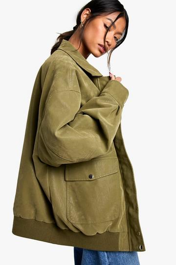 Oversized Faux Leather Bomber Jacket olive