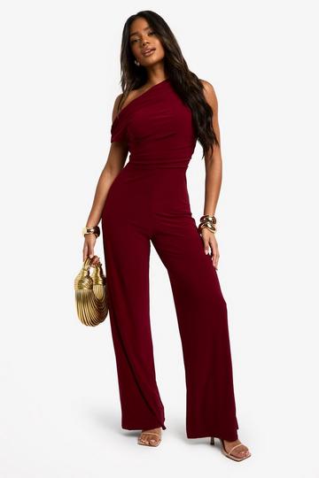 Ruched Asymmetric Wide Leg Jumpsuit burgundy