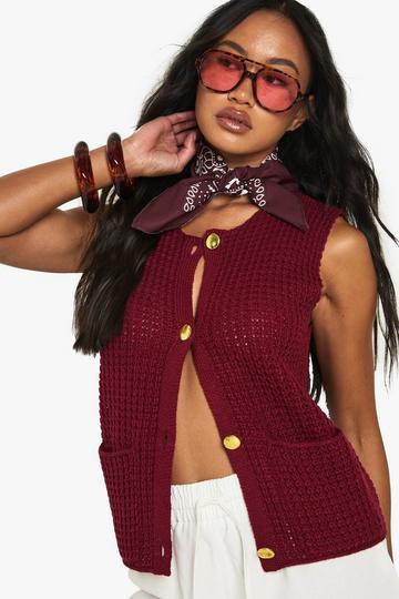 Burgundy Red Gold Button Detail Knitted Waistcoat