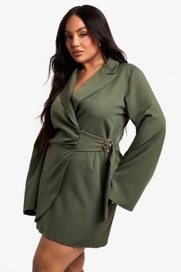 Plus Buckle Detail Tie Waist Tailored Blazer Dress khaki