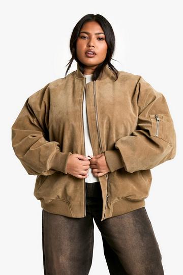 Plus Vintage Suede Look Oversized Bomber Jacket taupe