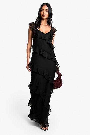 Chiffon Maxi Jurk Met Ruches En Bandjes black