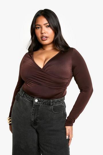 Plus Double Layer Rouched V Neck Bodysuit chocolate