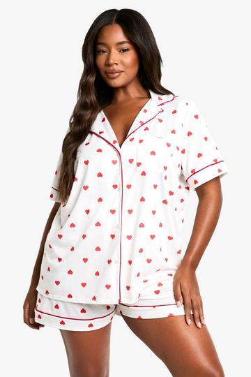 Plus All Over Heart Print Short Jersey PJ Set cream