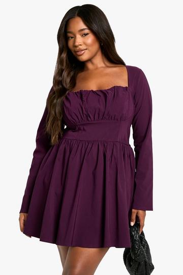 Plus Bengaline Corset Long Sleeve Skater Dress plum