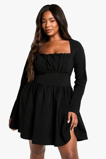 Plus Bengaline Corset Long Sleeve Skater Dress black