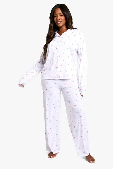 Plus Bow Print Trouser PJ Set white