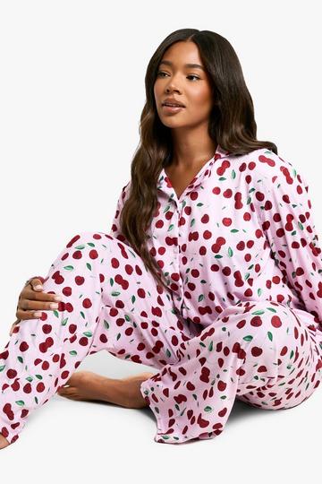 Plus Cherry Print Long PJ Set pink