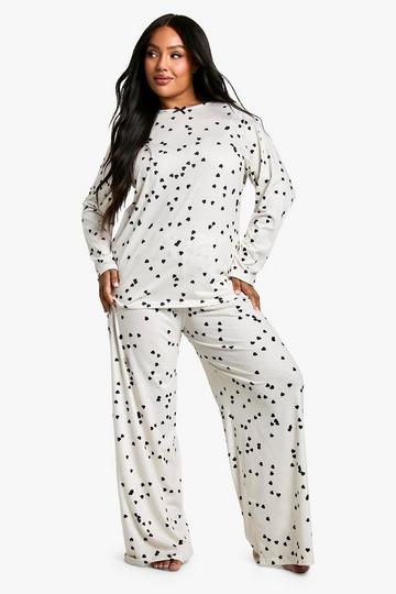 Plus Heart Print Long Sleeve Trouser PJ Set cream