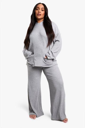 Plus Zachte Geborstelde Geribbelde Lounge Set Met Hoodie grey