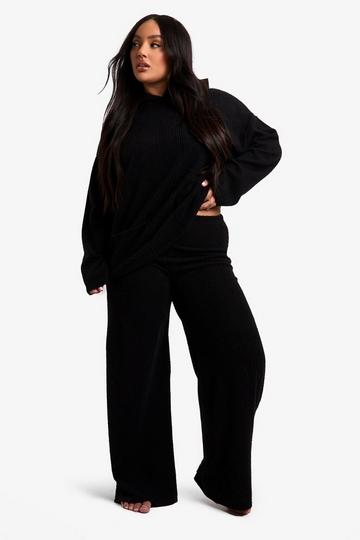 Plus Soft Brushed Rib Hoodie Lounge Set black