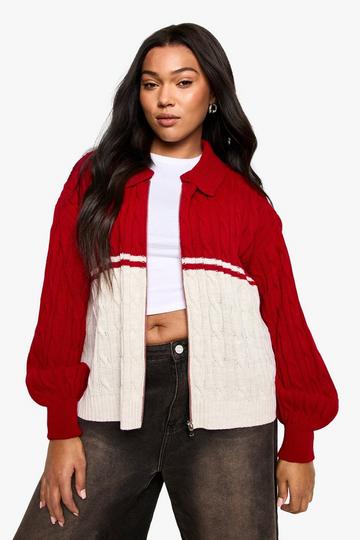 Plus Chunky Knit Cable Zip Through Collared Jumper rich red