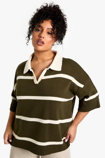 Plus Stripe Knitted Oversized Rugby Top khaki