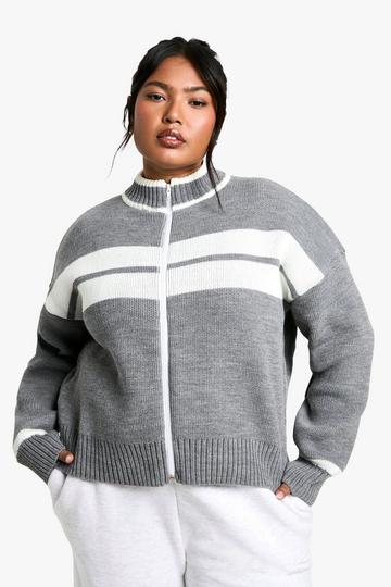 Plus Zip Through Stripe Cardigan grey