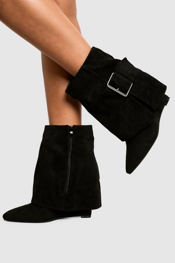 Faux Suede Buckle Detail Boots black