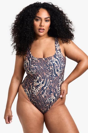 Multi Plus Swimwear Essentials Leopard Scoop Neck Swimsuit