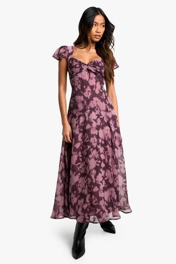 Floral Long Sleeve Twist Front Midaxi Dress plum