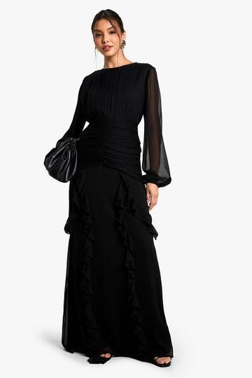 Black Crinkle Chiffon Ruffle Maxi Dress