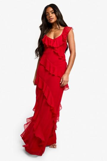 Red Chiffon Ruffle Strappy Maxi Dress