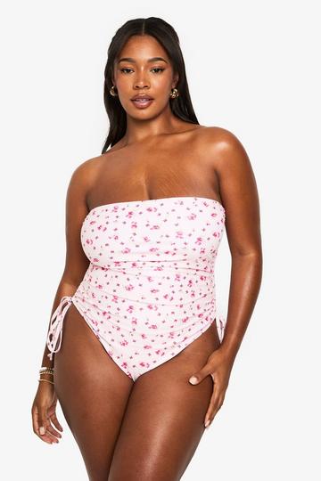 Plus Bloemenpatroon Bandeau Badpak baby pink