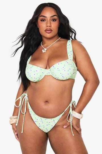 Plus Floral High Waisted Tie Side Bikini Brief green