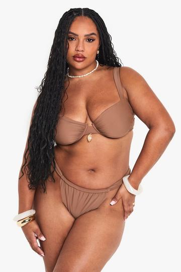 Plus Shell Trim Ruched Tanga Bikini Bottoms chocolate