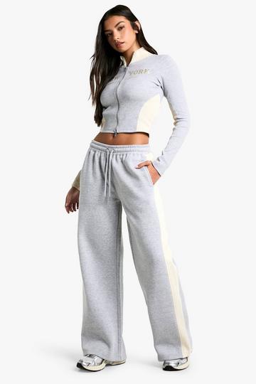 Grey Slogan side stripe fitted zip through and straight leg tracksuit