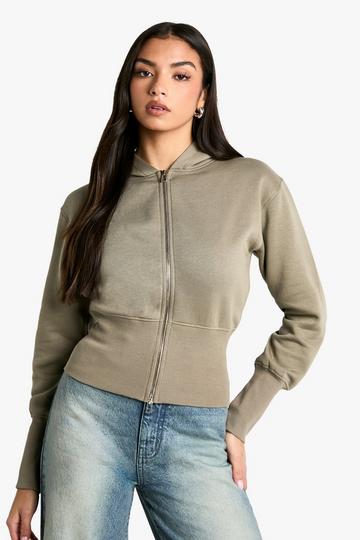 Deep Hem Zip Through Cropped Hoodie washed khaki