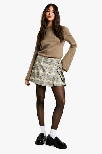 Check Pleated Mini Skirt with Buckle Fastening brown