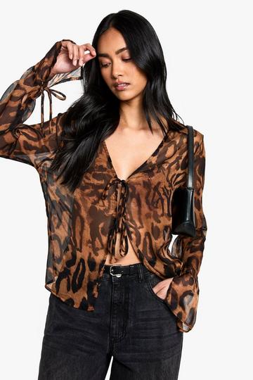 Leopard Printed Woven Long Sleeve Collared Top with Tie Front Detail black