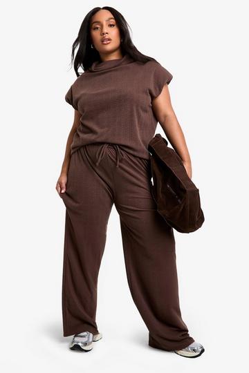 Plus High Neck Cowl Front Top & Pants Co - Ord chocolate