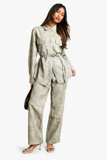 Khaki Washed Faux Leather Straight Leg Trousers