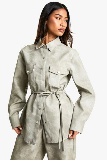 Washed Faux Leather Belted Shacket washed khaki