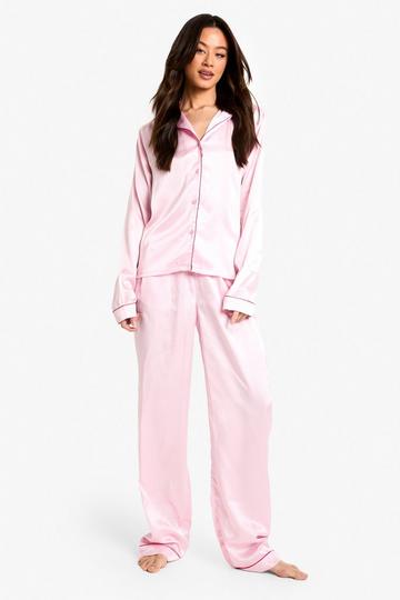 Tall Contrast Piping Satin Pyjama Set baby pink