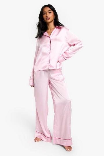 Petite Contrast Piping Satin Pyjama Set baby pink