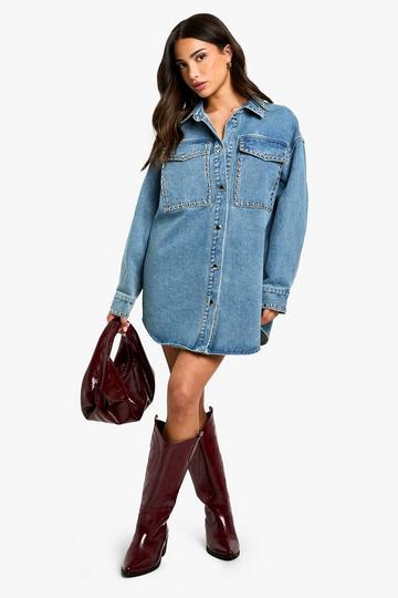 Petite Oversized Denim Blouse Jurk Met Studs blue