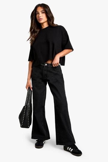 Petite Wide Leg Jeans Met Kleine Studs washed black