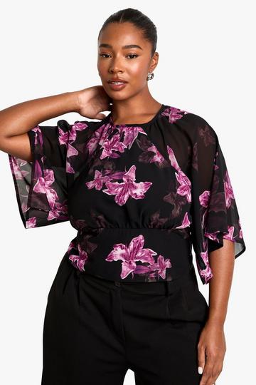 Plus Chiffon Bloemen Blouse Met Rug Strik purple