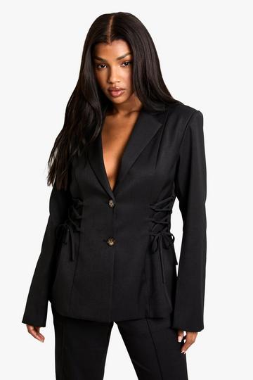 Black Woven Tailored Lace Up Blazer