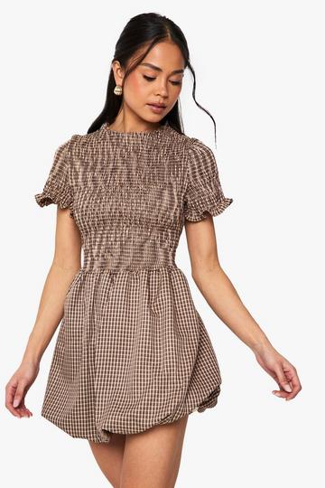 Check Shirred Puff Sleeve Mini Dress brown