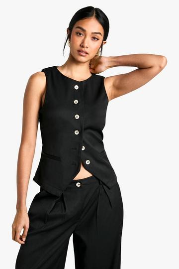 Black Woven Tailored Button Waistcoat