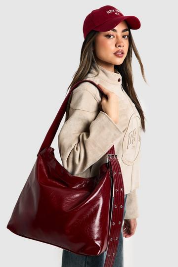 Distressed PU Strap Detail Shoulder Bag dark red