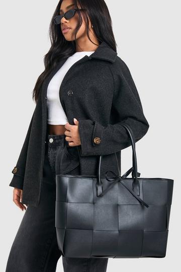 Woven Leather Look Tote Bag black