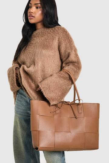 Woven Leather Look Tote Bag tan