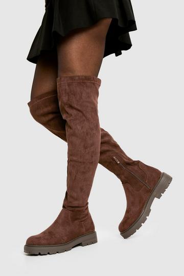 Chocolate Brown Faux Suede Chunky Knee High Boots