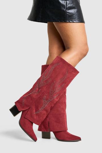 Faux Suede Embellished Foldover Boots wine