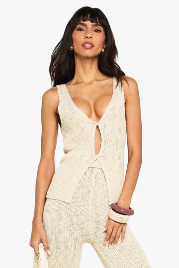 Stone Beige Knitted Twist Front Crochet Waistcoat