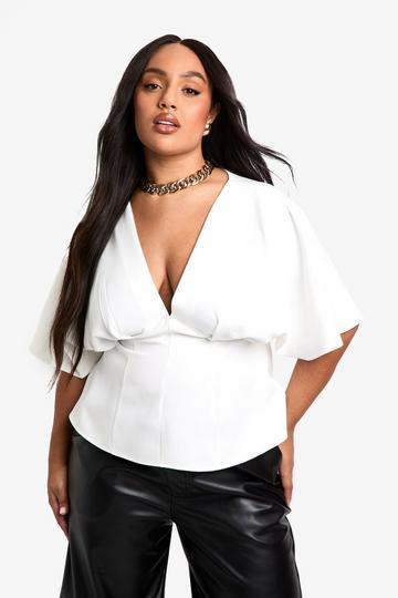 Plus Gesmokte Top Met Laag Decolleté En Engelenmouwen ivory